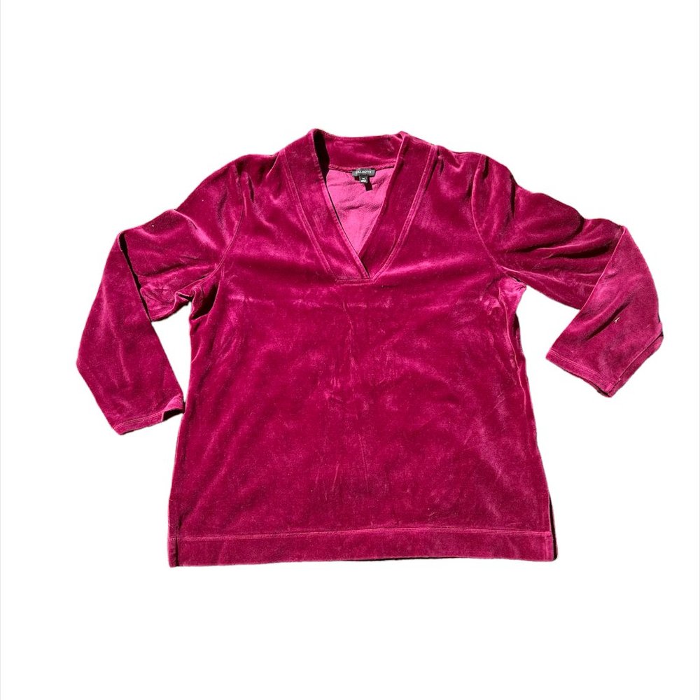Talbots (Size XL) Velvet Velour Shirt, V Collar Long Sleeve Soft Stretchy